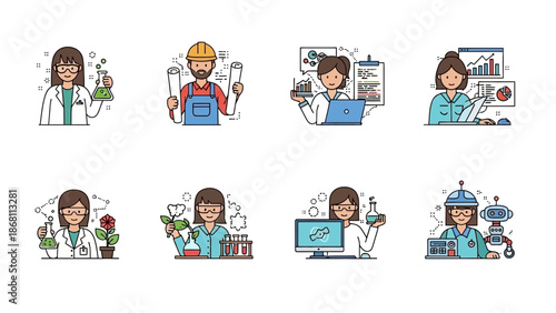 Diverse Group of Scientists and Professionals Engaged in Various Scientific and Technical Fields