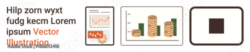 Finance, investment, data analysis, economic growth, business strategy, digital tools. Includes a bar chart, stacked coins and square icon. Finance and investment concepts