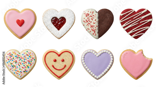 Wallpaper Mural Heart shaped sugar cookie set including pink frosting, jam filled, chocolate drizzle, sprinkles, and smiley face designs isolated. Valentine and holiday dessert collection. Torontodigital.ca
