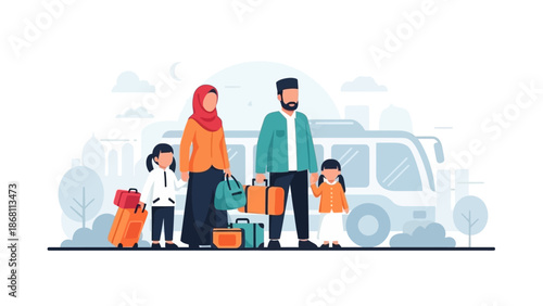 Happy Muslim Family with Luggage Ready for Vacation or Travel