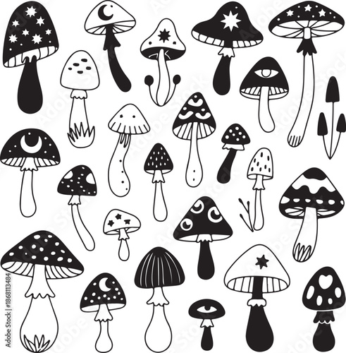 black and white illustration of various mushrooms with decorative caps