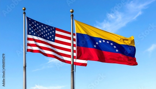 US–Venezuela flags flying side by side under blue sky.