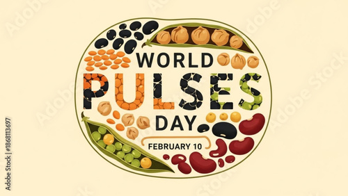 A vibrant illustration celebrating World Pulses Day on February 10 with various legumes and peas