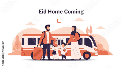Eid Home Coming Celebration Family Reunion with Luggage and Bus