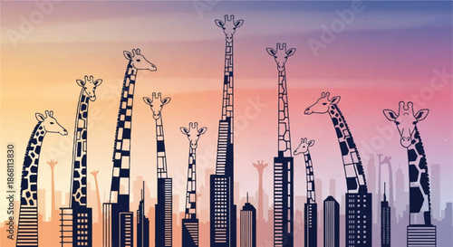 Surreal Giraffes Blending into Urban City Skyscrapers at Sunset Background