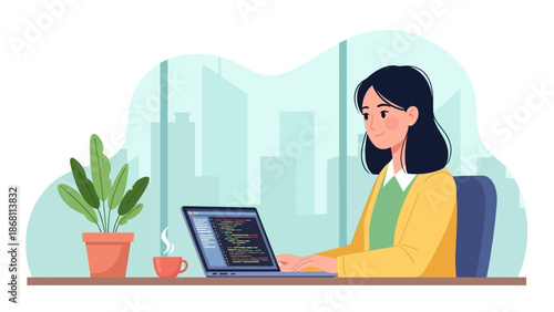A woman programmer diligently coding on her laptop at her workspace with a cup of coffee and a plant