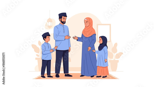 Cheerful Muslim family exchanging blessings and gifts during a festive celebration, embodying tradition and familial bonds