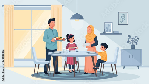A Muslim Family Enjoying a Traditional Meal Together at Their Dining Table