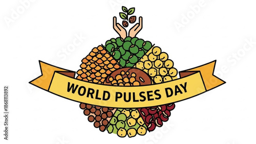A colorful illustration of a pile of pulses with a banner reading World Pulses Day