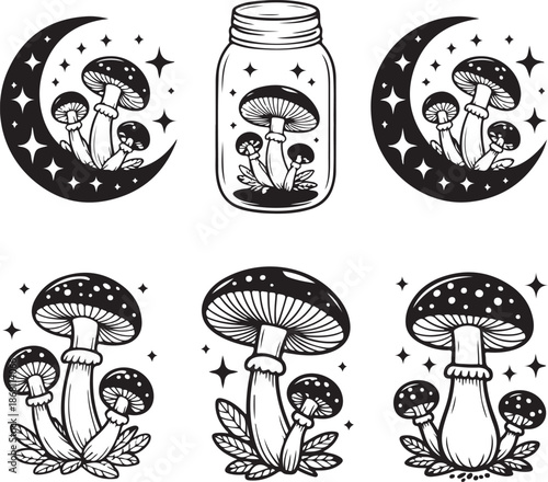 black and white illustrations of mushrooms and crescent moon