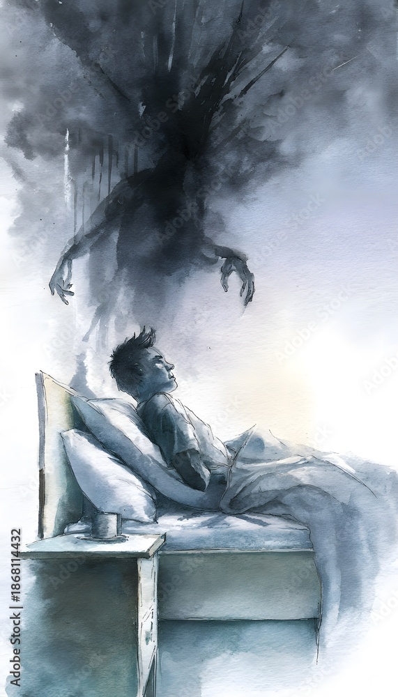 Fototapeta premium Eerie watercolor portrait a sleeping man haunted by a spectral ghost bedroom scene