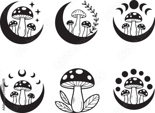 black and white illustrations of mushrooms and crescent moons