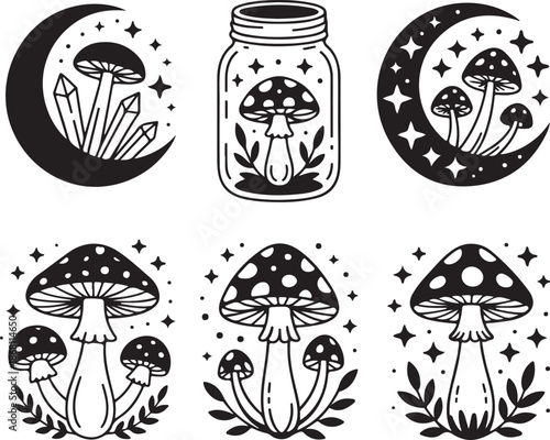 black and white illustrations of mushrooms and moons with stars