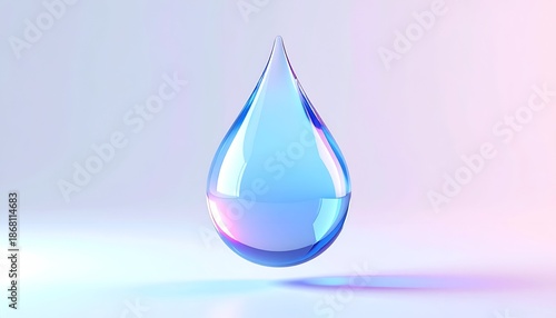 Realistic, translucent, blue water droplet against a gradient background