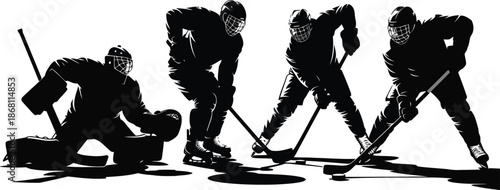 Dynamic silhouettes of four ice hockey players including a goalie in action poses on the ice