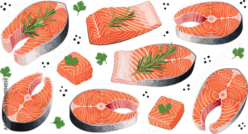 Salmon Steak Vector Set with Fresh Seafood Cuts Herbs and Spices Detailed Food Illustration Collection