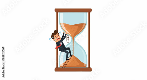 Stressed Businessman Climbing a Ladder Inside an Hourglass Representing Time Management and Deadlines
