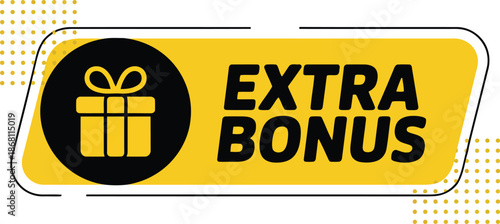 Dynamic yellow and black extra bonus tag featuring a gift box on a white background with dots