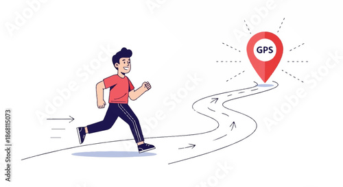 Fit Man Running on a Path Toward a Giant Red GPS Location Pin Target for Fitness and Navigation