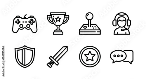 Minimalist Black Outline Gaming and RPG Icons Featuring Sword, Trophy, Joystick, and Shield
