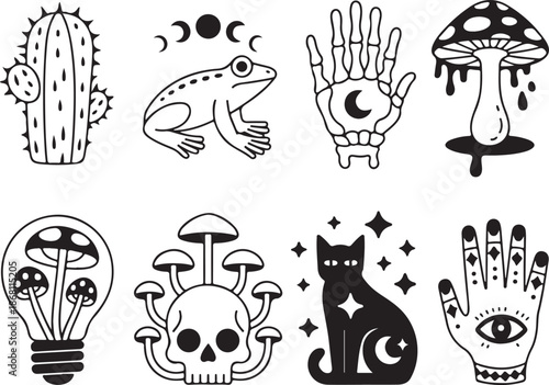 Black and white line art illustrations of mystical and magical symbols and creatures