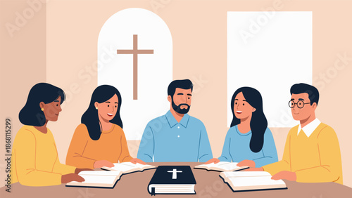 Christian faith vector illustration of a diverse group of people studying the bible together in a meeting