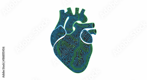 Human Heart Anatomy with Digital Circuit Board Pattern Representing Biotechnology and Artificial Intelligence