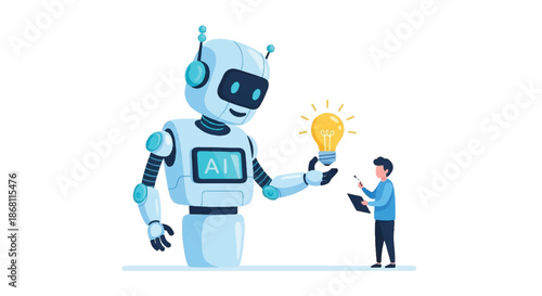 Friendly AI Assistant Robot Sharing Knowledge and Lightbulb Idea with a Young Child