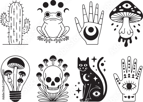 black and white line drawings of various mystical symbols and creatures