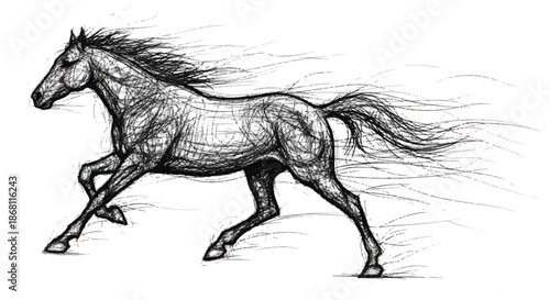 Detailed Pencil Sketch of a Powerful Horse Galloping in Dynamic Motion