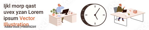 Time management, professional communication, office productivity, task organization, workplace efficiency, business planning. Two office workers at desks with a central clock. Time management