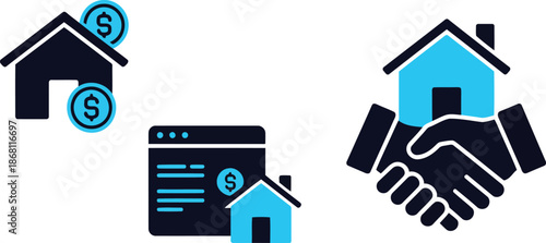 Property investment and real estate deal icons showing homes, money, and agreements