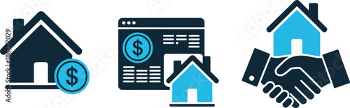 Three symbolic icons illustrating essential elements of the real estate industry and transactions