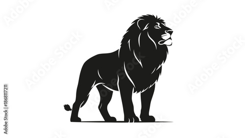 A majestic black lion standing proudly white facing right with fierce expression and detailed mane with wildlife Silhouette vector on whit Background