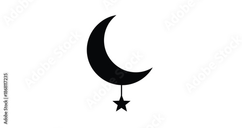 Black of a crescent moon with a star hanging from it a white with icon and graphic and illustration and moon phase Silhouette vector on whit Background