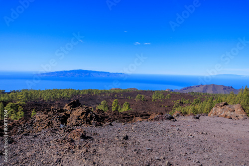 Panorama of islands La Gomera, La Palma and Atlantic Ocean seen from Teide national park on Canary Island Tenerife, Spain