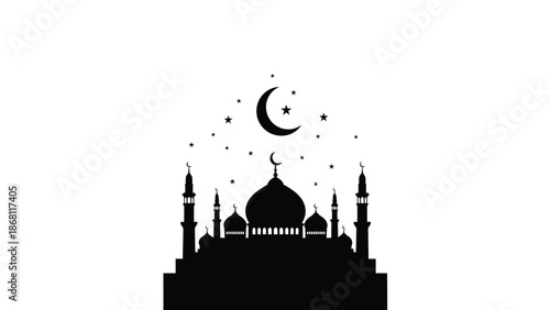 Black of a mosque with a crescent moon and stars a white white with islamic and architecture and religion Silhouette vector on whit Background