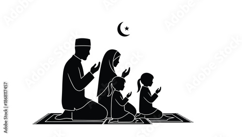 Black of muslim family praying together a mat with crescent moon with islamic and prayer mat and faith and spirituality Silhouette vector on whit Background