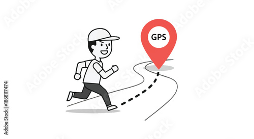 Illustration of a Person Running and Following a Navigation Path with GPS Location Pin Point