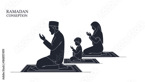 Family in prayer during ramadan prayer mats with hands raised white with Islamic and Muslim and illustration Silhouette vector on whit Background