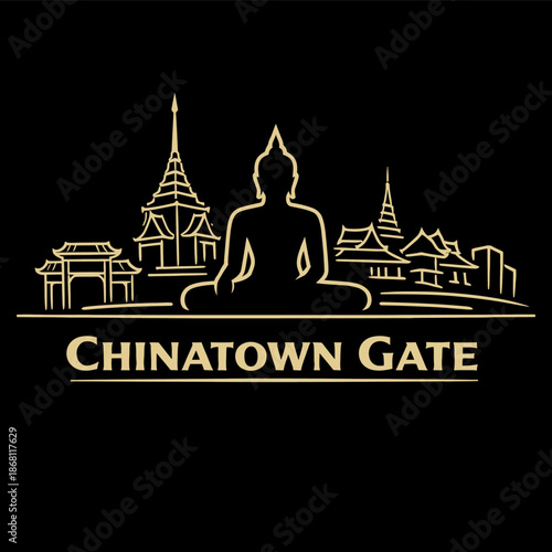 Chinatown Gate and Buddha statue skyline gold line art vector