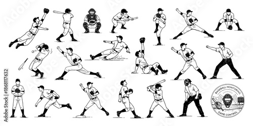 野球選手の基本動作とプレーポーズ集 線画イラスト、Baseball Player Action Poses Collection Line Illustration