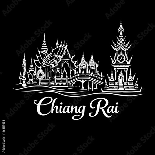 Chiang Rai landmarks and temple monuments vector illustration
