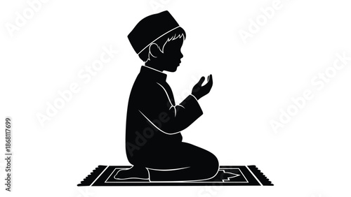 of a young boy praying a prayer mat in a peaceful and serene atmosphere white with islamic and muslim and spirituality Silhouette vector on whit Background
