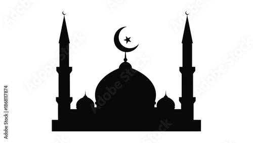 Islamic mosque with crescent moon and star white with minaret and dome and architecture and religion and faith Silhouette vector on whit Background