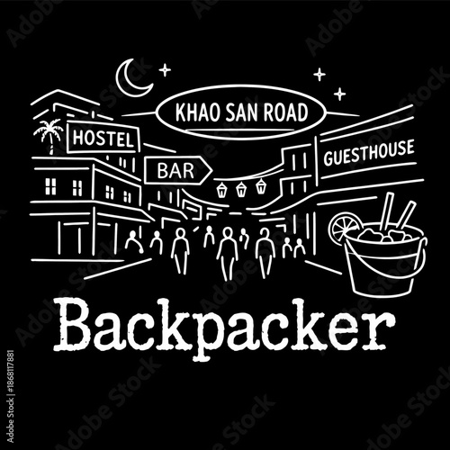 Khao San Road Bangkok backpacker nightlife vector illustration