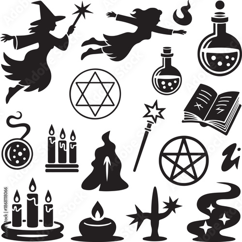 Black silhouettes of magic and witchcraft symbols and objects on white background