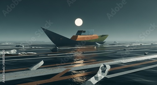 Low Poly Boat Drifting in Foggy Ocean with Moon and Ice Floes