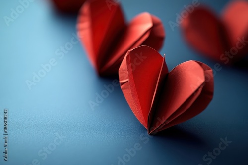 Decorative red paper hearts placed on a smooth blue background for creative projects or celebrations
