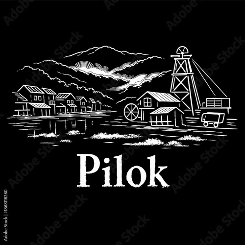 Old Pilok mining village landscape with mountains vector illustration
